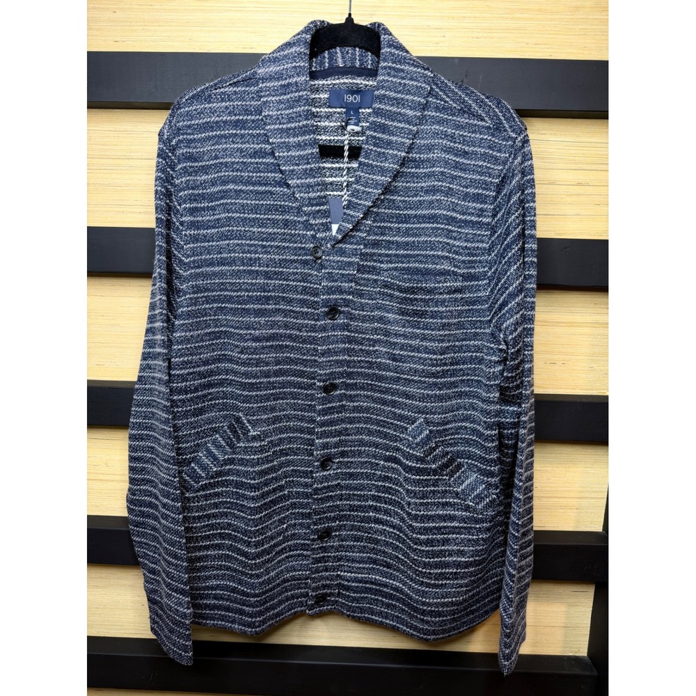 1901 Nordstrom Mens Navy Iris White Stripe Shawl Collar Cardigan Sweater Large